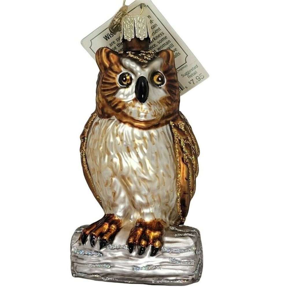 Old World Christmas Wise Old Owl Glass Ornament Brown Gold Glitter 2003